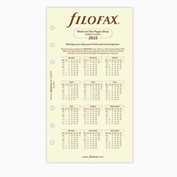 Set of 4 Filofax Personal Size Week On Two Pages Calendar Refill Cream 2022 - Picture 5 of 6